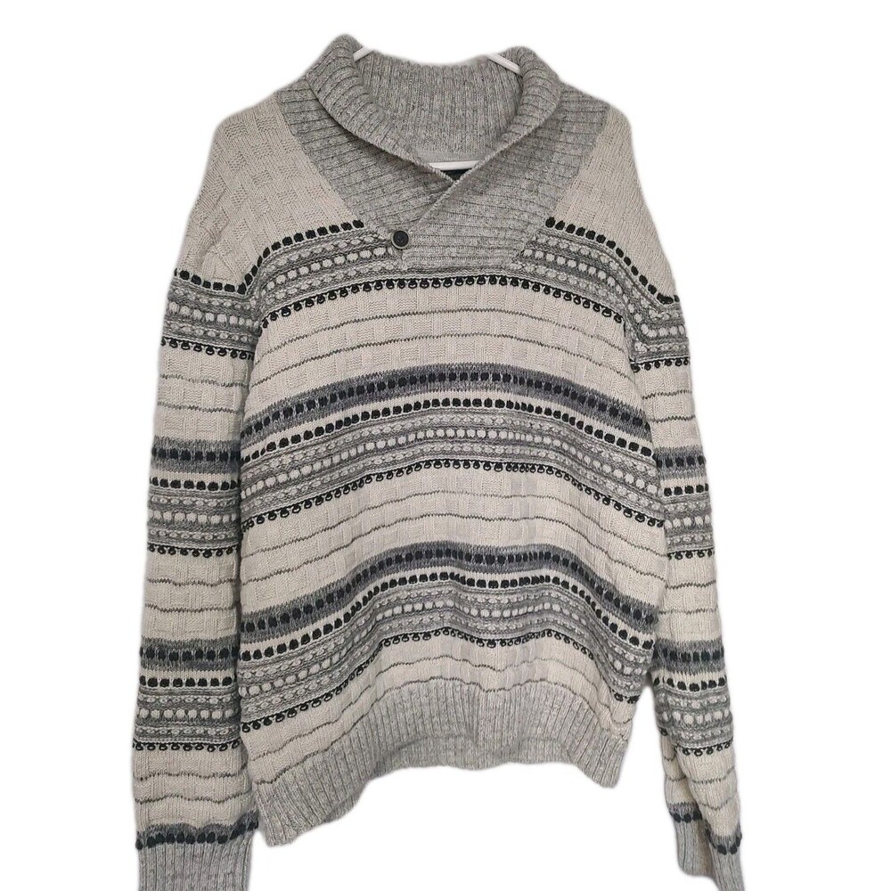 Tommy Bahama Men’s Shawl Collar Sweater XXL Gray Knit Nordic Pattern Cotton Wool